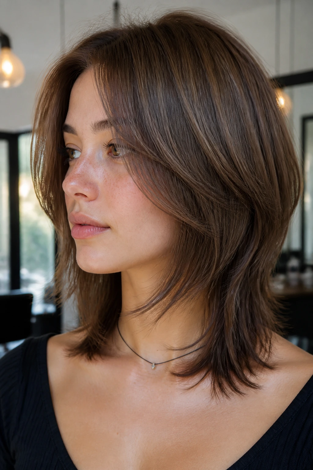 Real woman close-up with jaw-skimming front pieces and longer back hairstyle