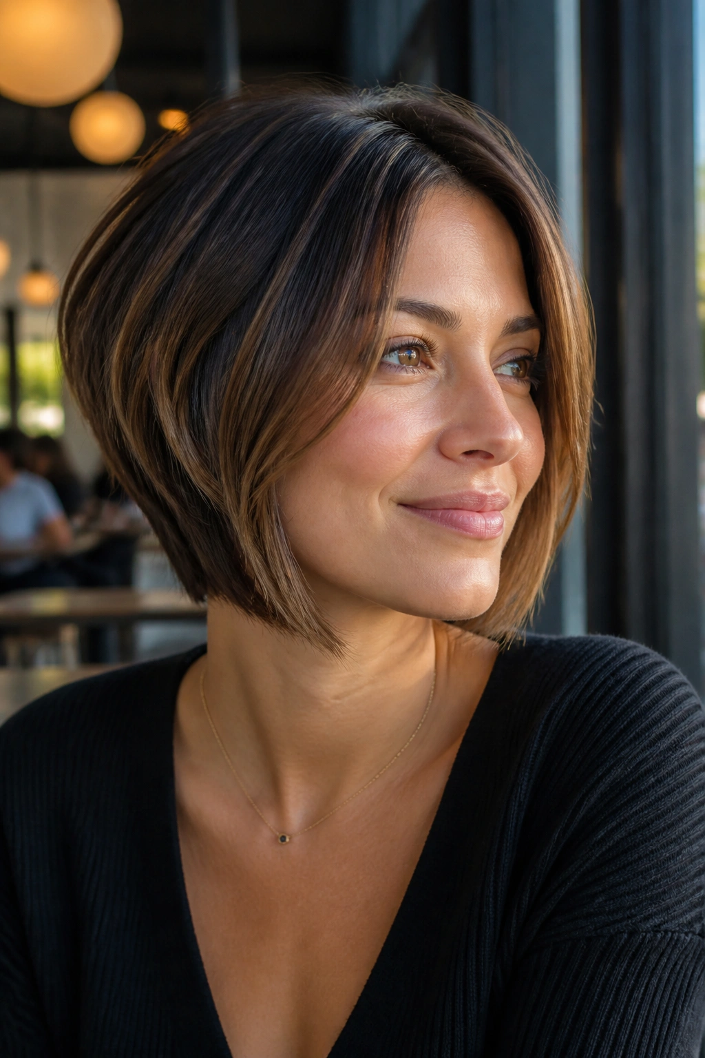 Portrait of a real woman with jaw-skimming inverted bob and face-framing layers.
