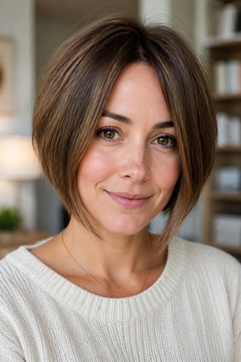 Close-up of a real woman with jaw-skimming inverted bob and face-framing pieces.