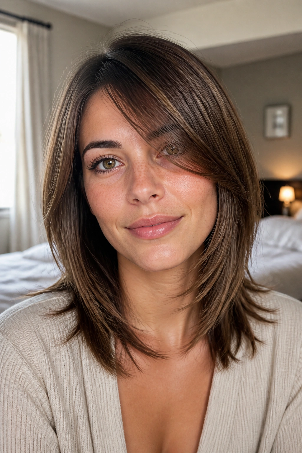 Real woman with jaw-skimming long side bangs and face-framing layers in a cozy daylight setting.
