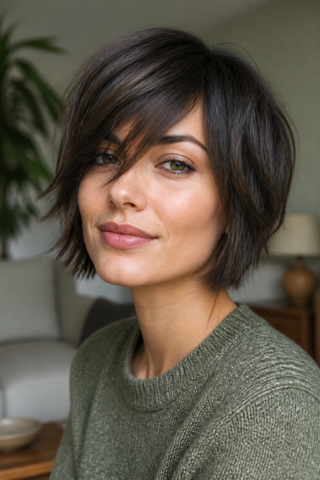 Portrait of a woman with jaw-skimming shag and side-swept fringe.