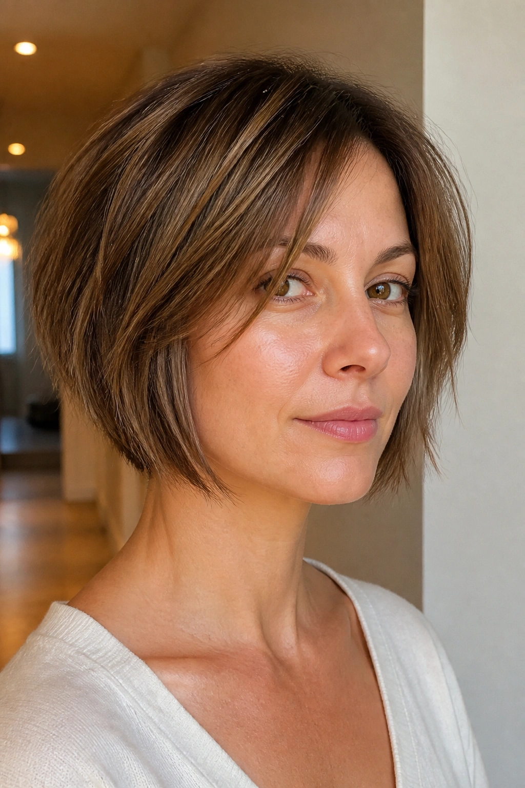 Real woman with jaw-skimming stacked bob and piecey ends in warm home lighting