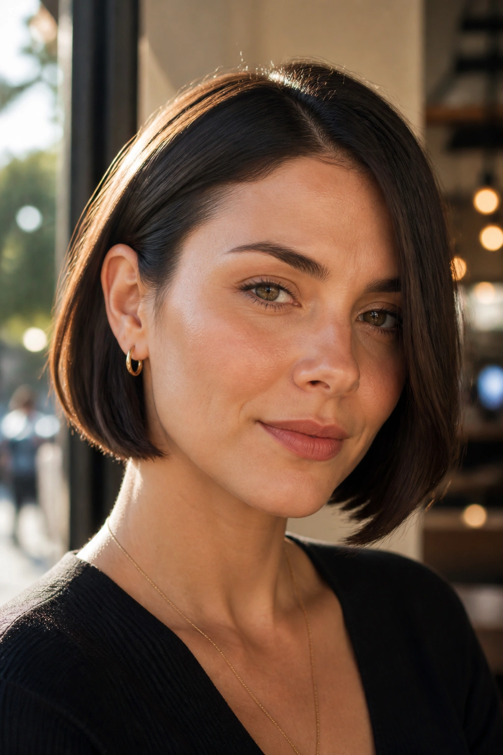 Close-up of a real woman with a jaw-skimming tucked bob