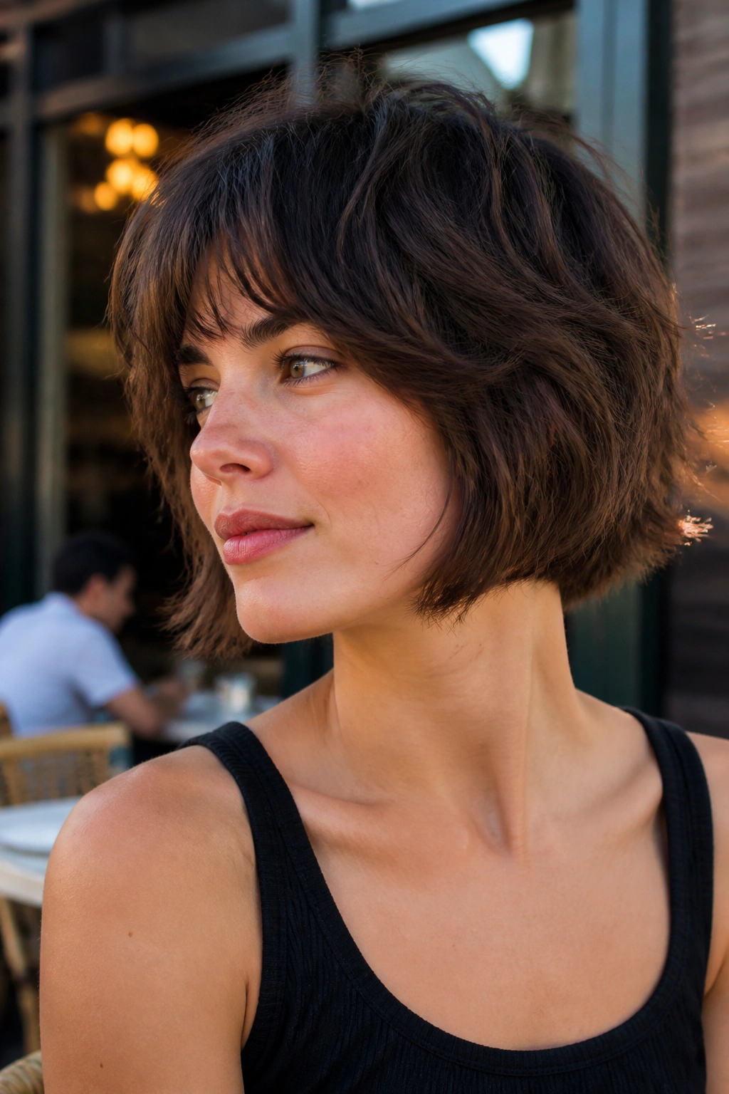 Portrait of a real woman with a jaw-skimming wolf bob in daylight.