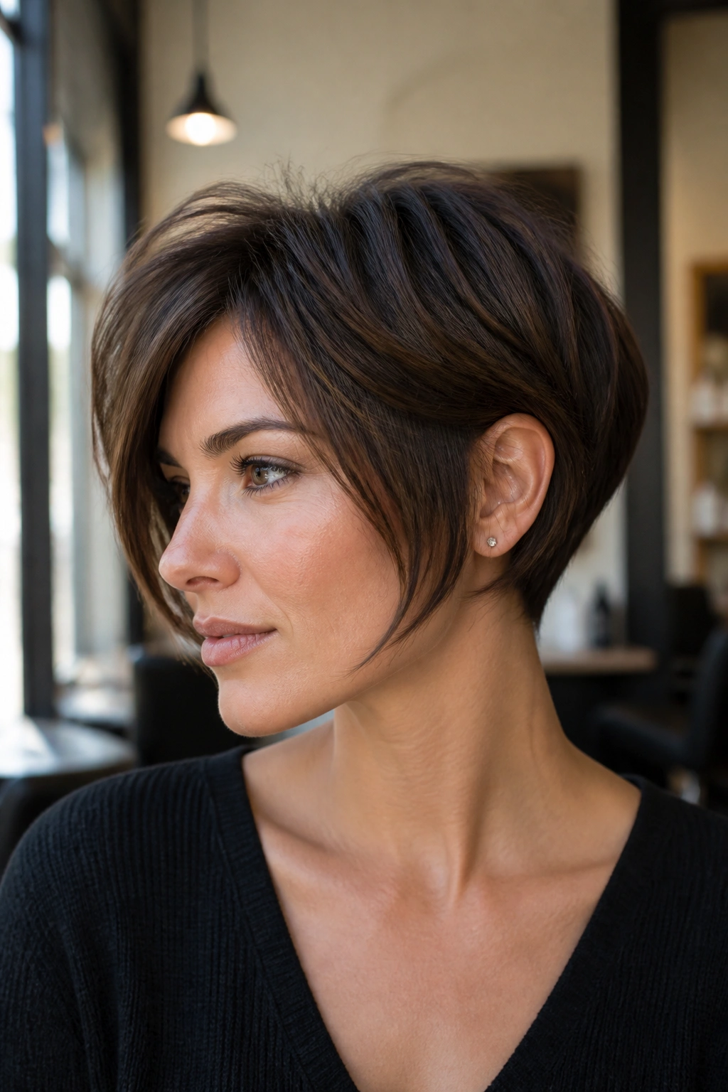 Close-up of a real woman with a jawline-beveled long pixie hugging the jawline.