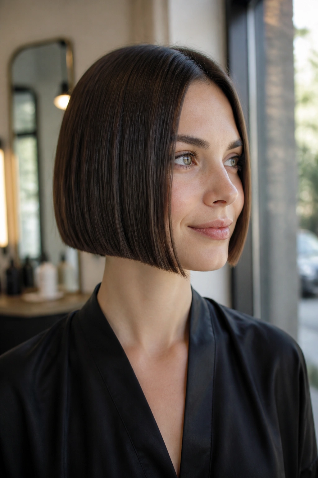 Close-up of a woman with a jawline blunt French bob in natural light