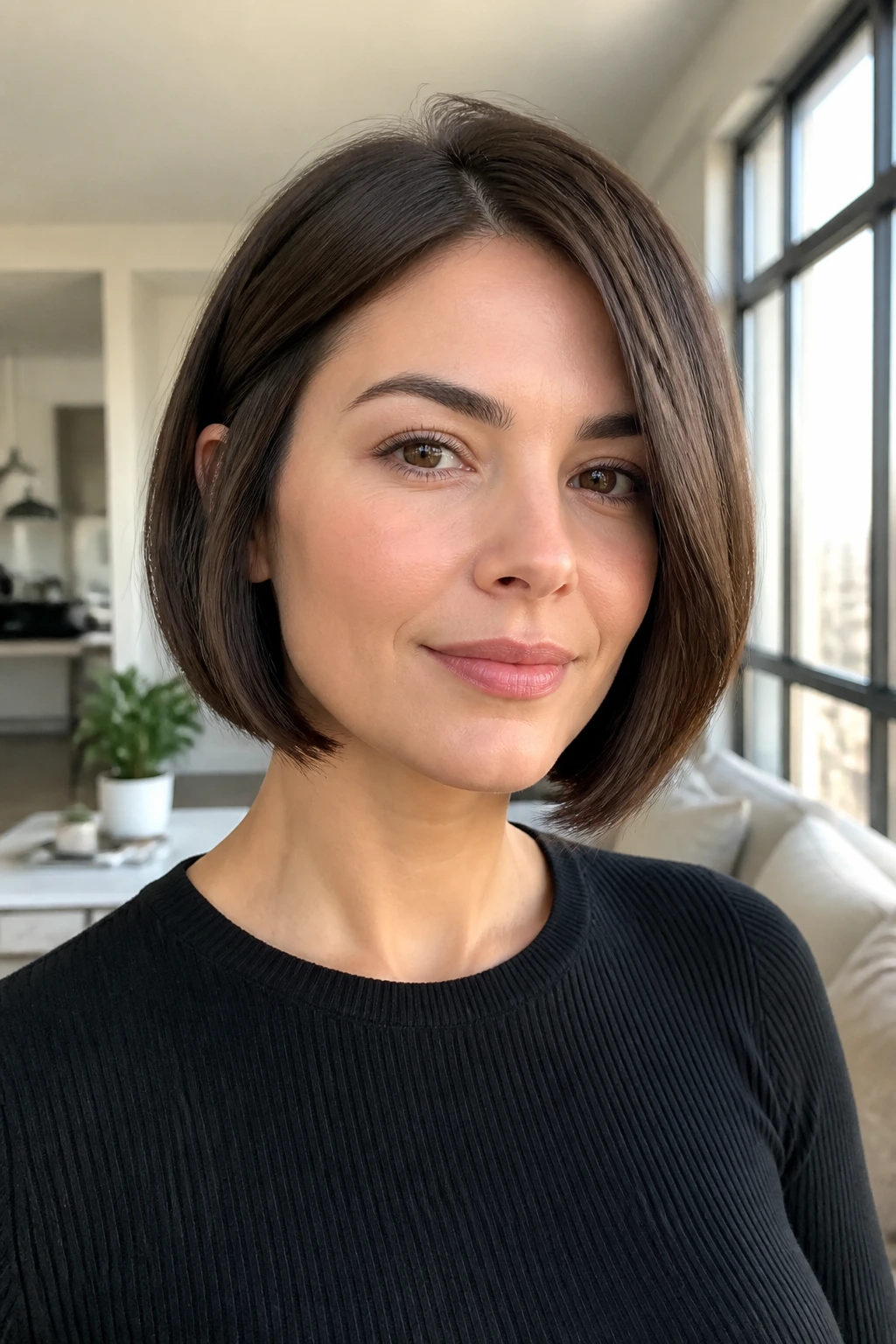 Portrait of a real woman with a jawline bob framing the jawline, round-face flattering