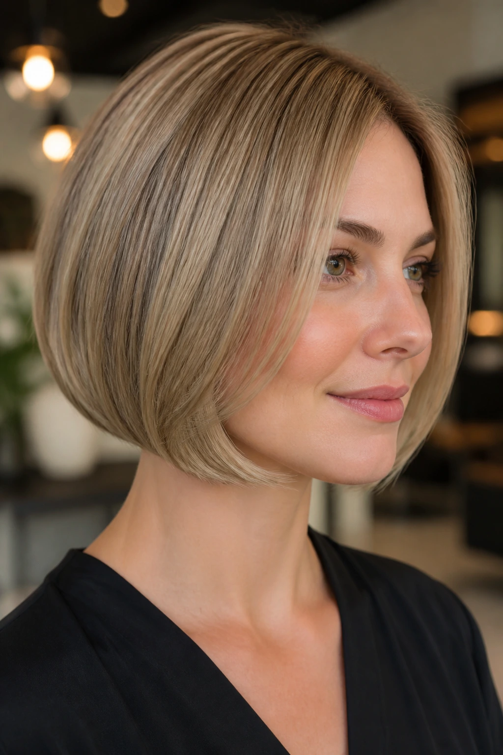 Close-up of a woman with a jawline bob and beveled ends