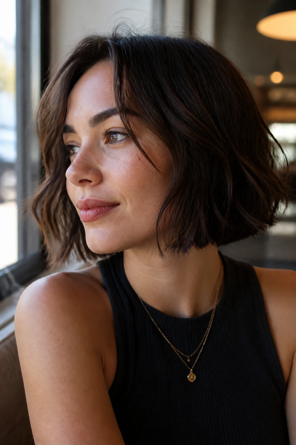 Close-up portrait of a real woman with a jawline bob and piecey ends