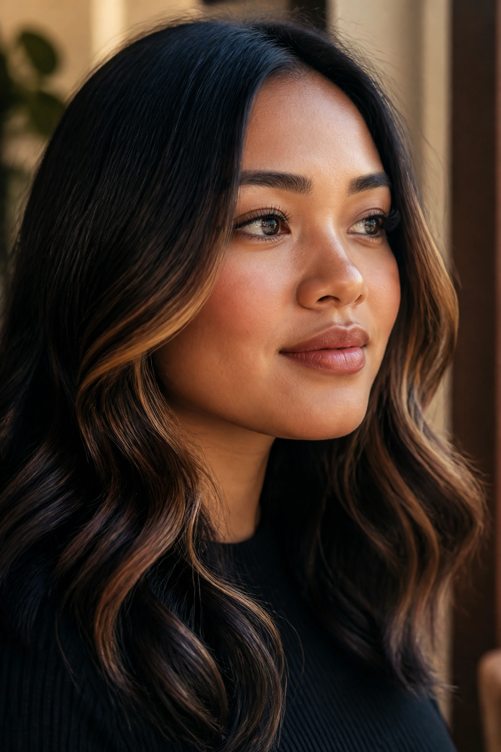Close-up portrait showing curved jawline caramel contour highlights on a real woman