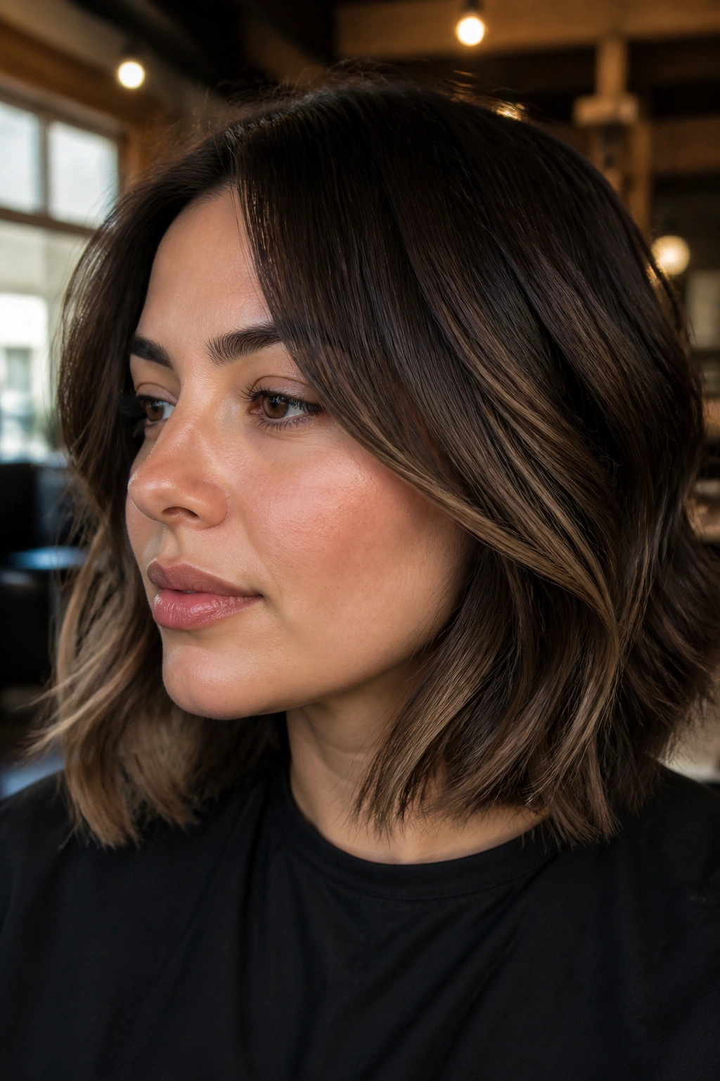 Close-up of a real woman showing jawline contour highlights with darker base and lighter ribbons along the jaw