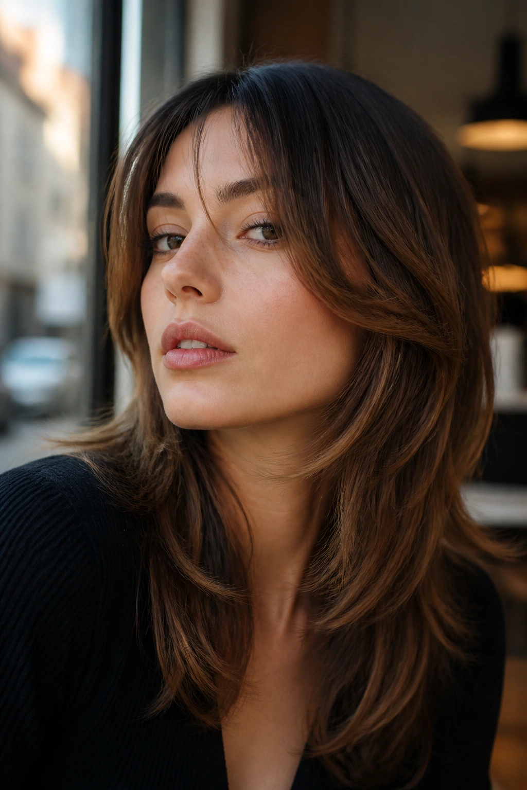 Close-up portrait of a real person with jawline-focused shag framing the face in natural light