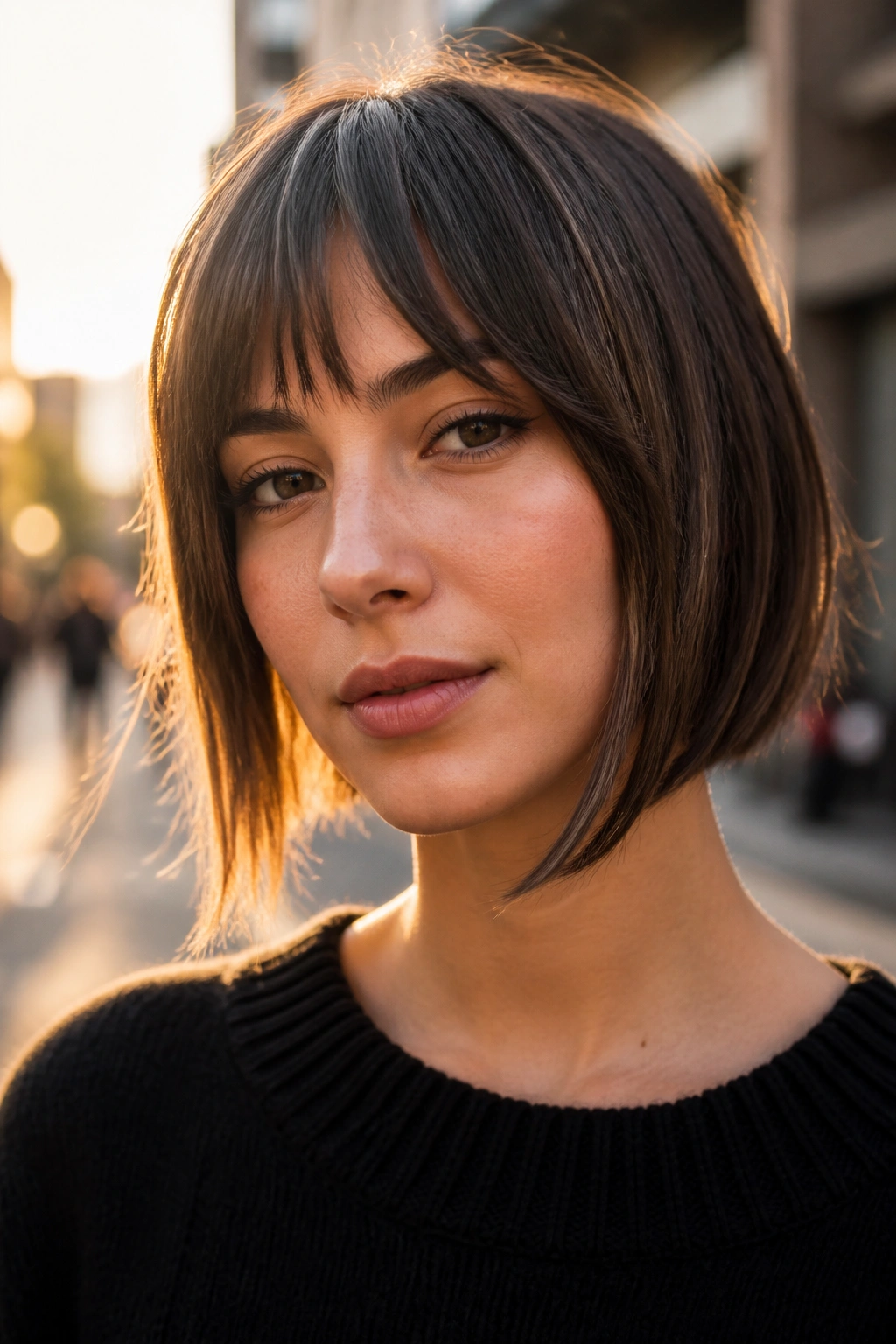 Close-up of a real woman with jawline-emphasizing fringe ending at the jawline