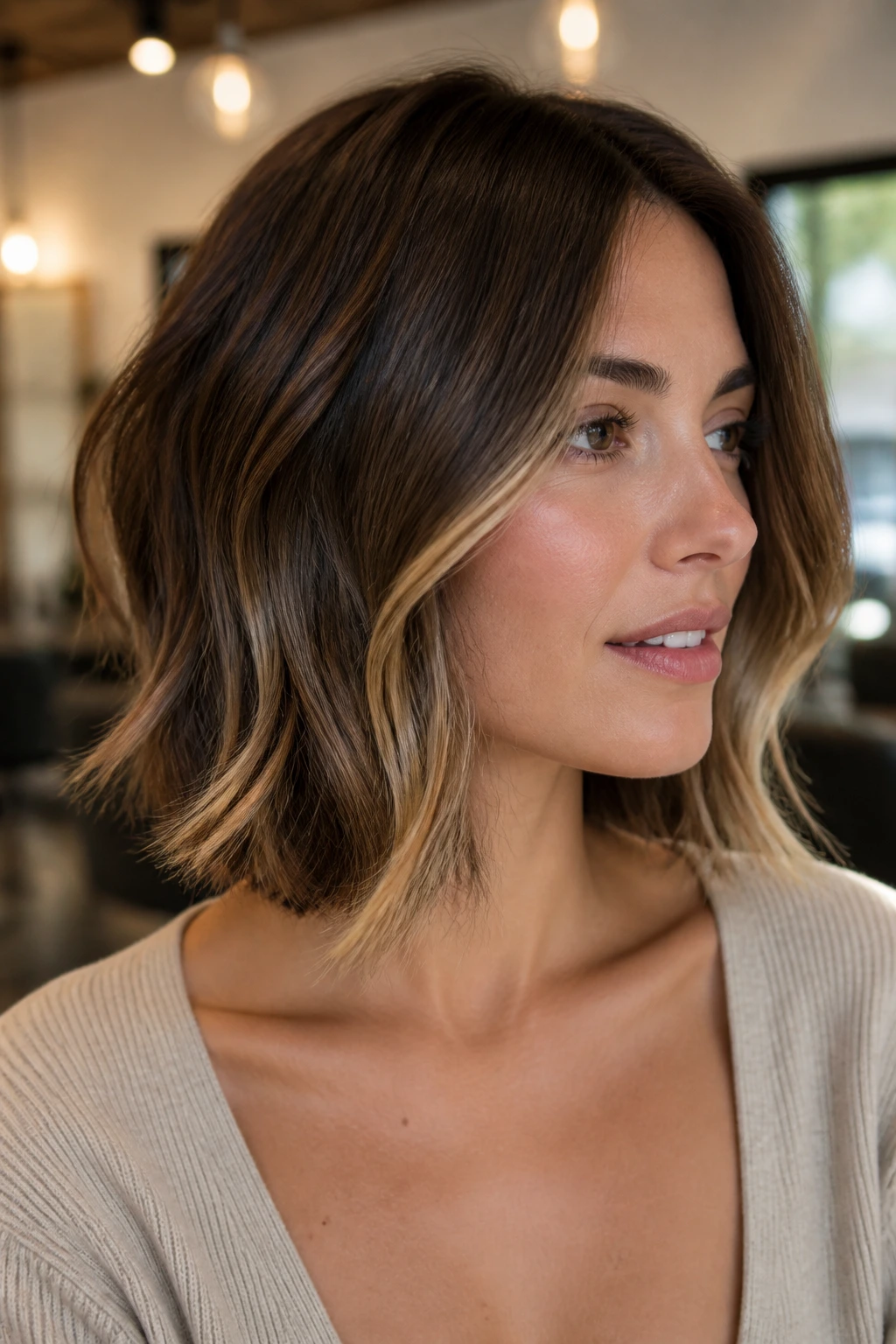 Close-up of a woman with jawline-opening highlights on a bob or lob