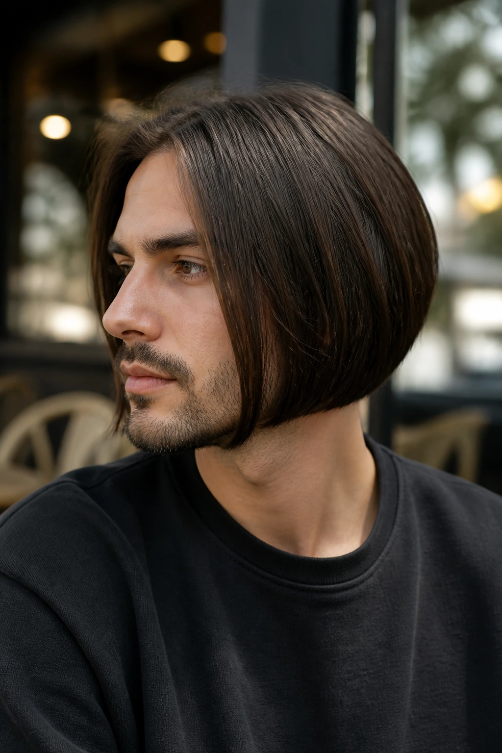 Real man with jawline-framing inverted bob highlighting jawline.