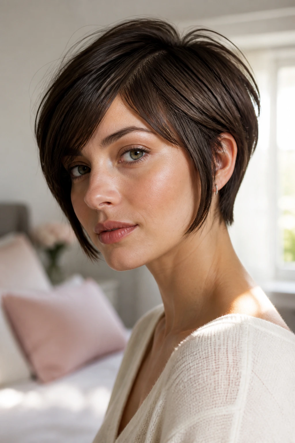 Close-up portrait of a real woman with a jaw-length long pixie cut under soft window light