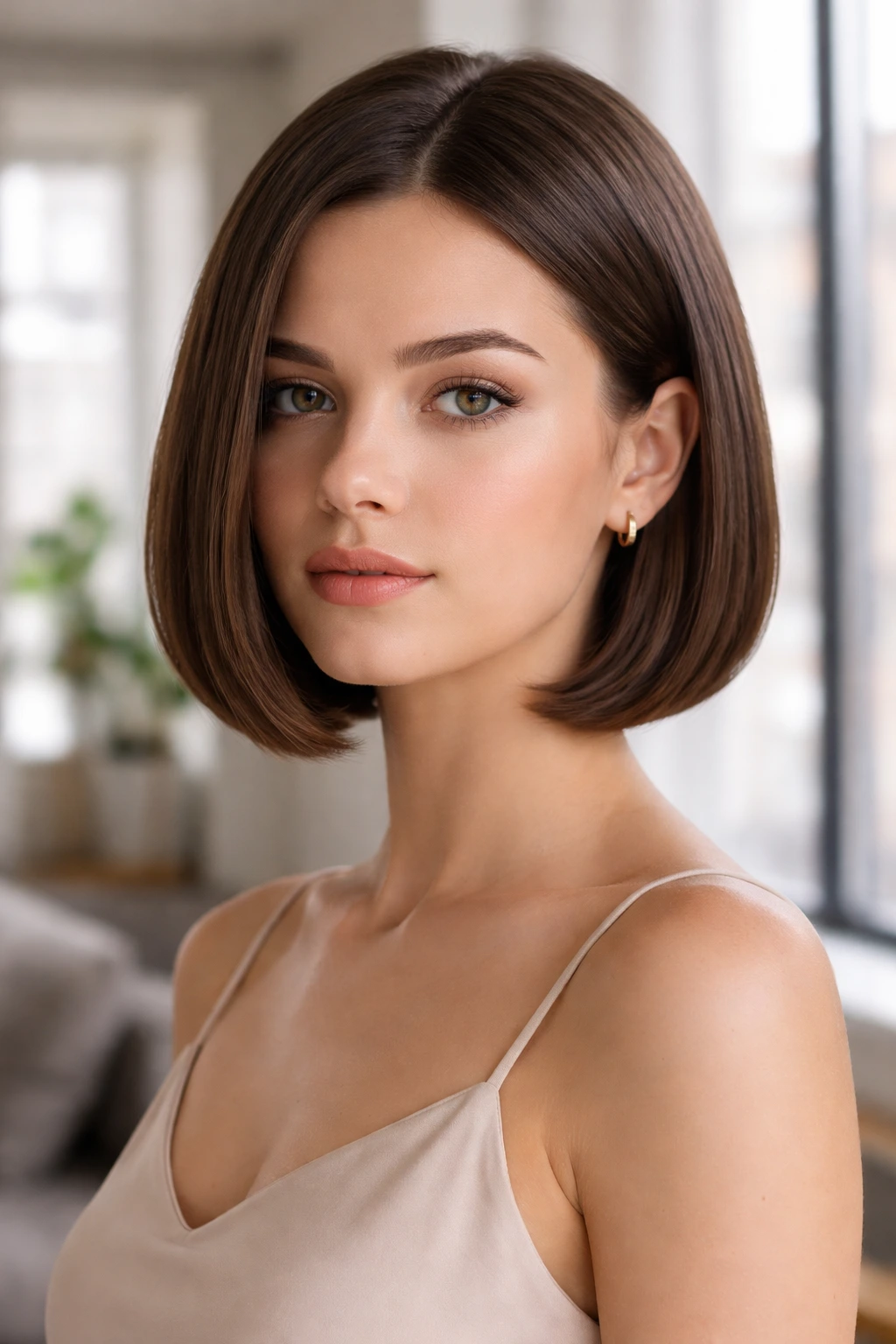 Front-facing portrait of a real woman with a sleek jawline-skimming bob