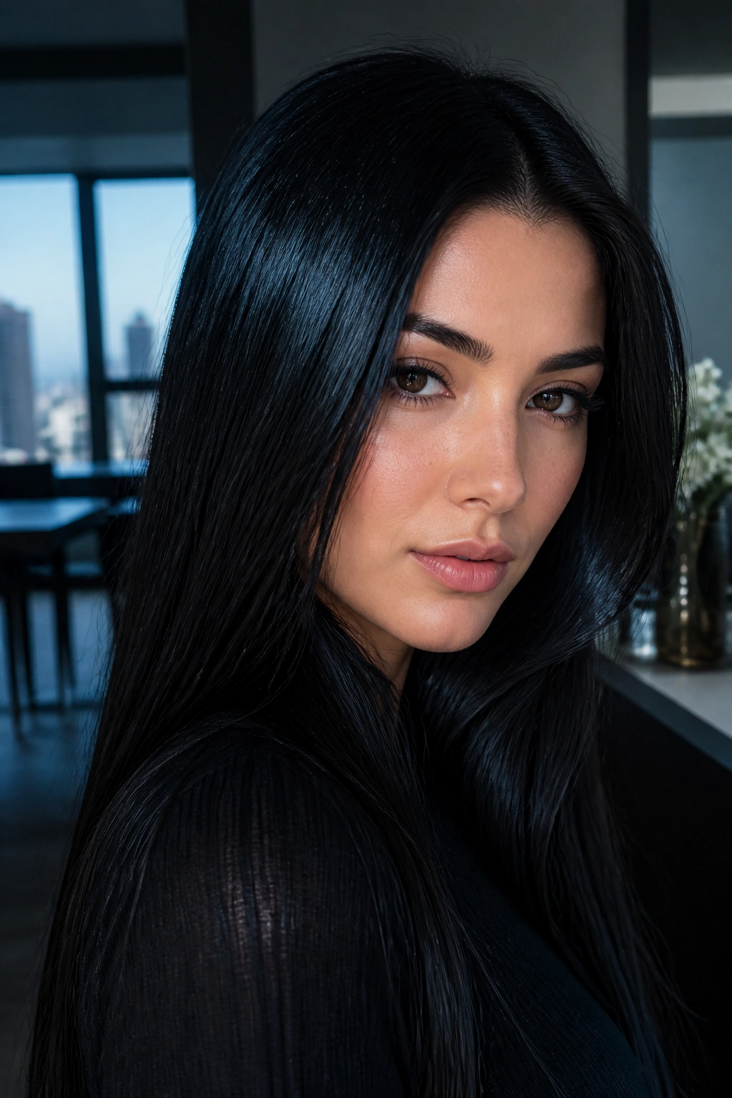 Close-up portrait of a real woman with jet black hair and blue-black sheen