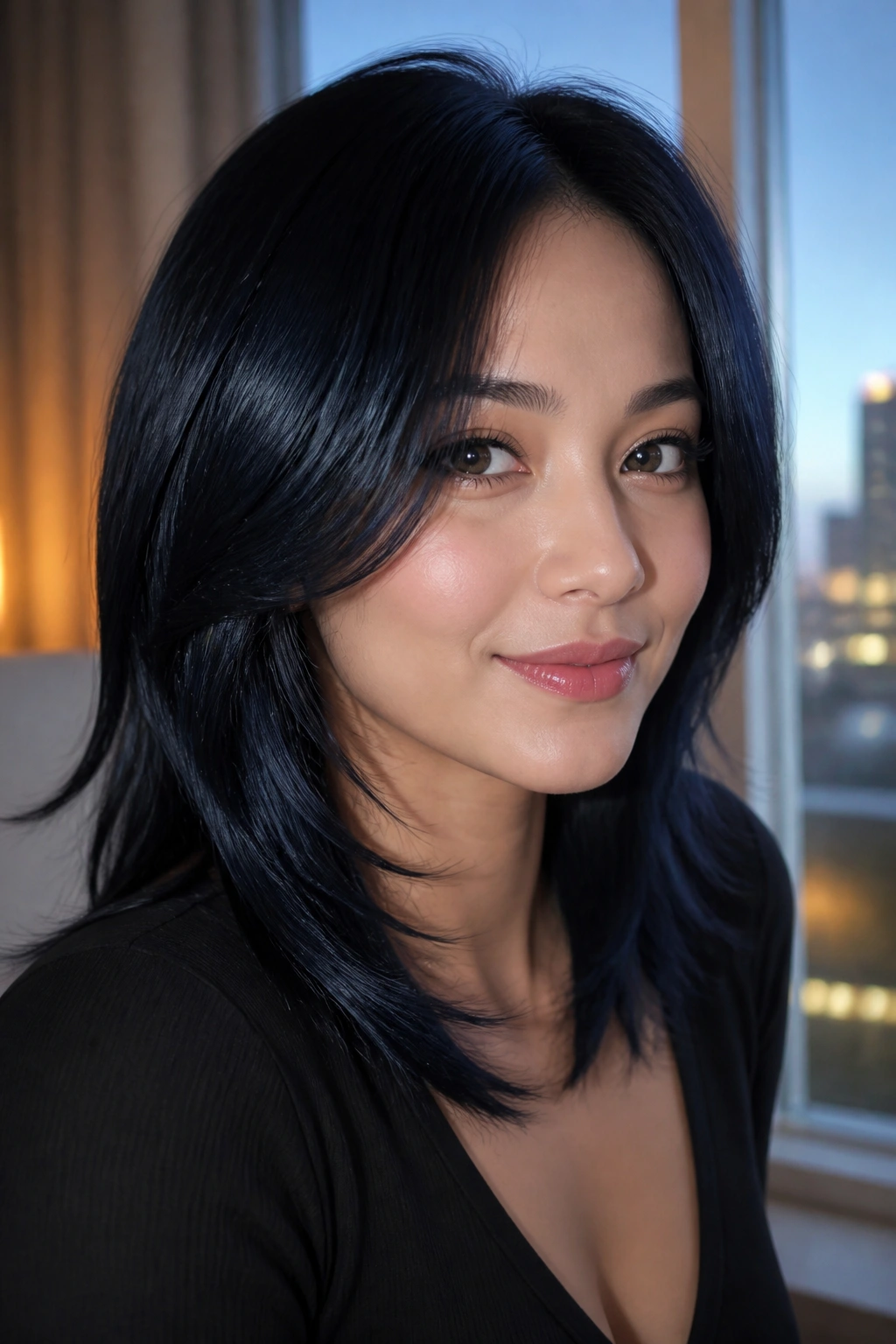 Portrait of a woman with jet black hair and blue sheen in soft lighting