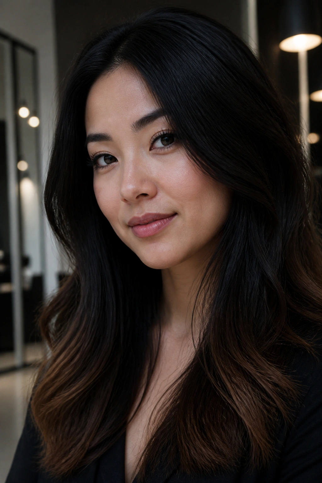 Real person with jet-black hair and soft chestnut ends showing length and color transition