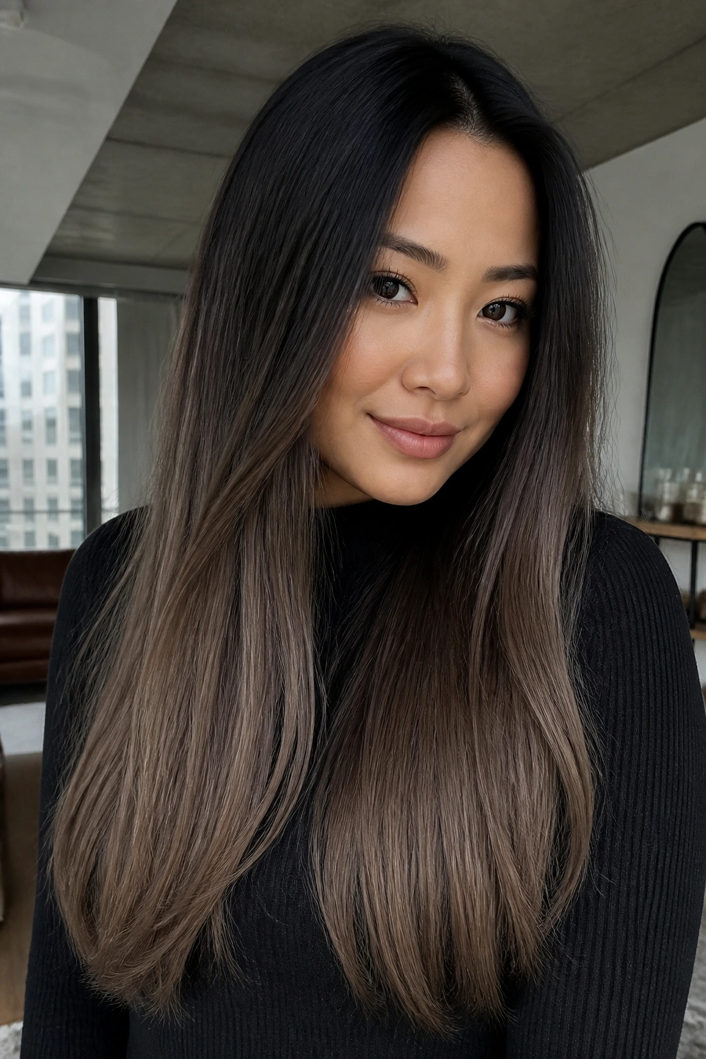 Real woman with jet black roots fading to cool smoke brown ends.