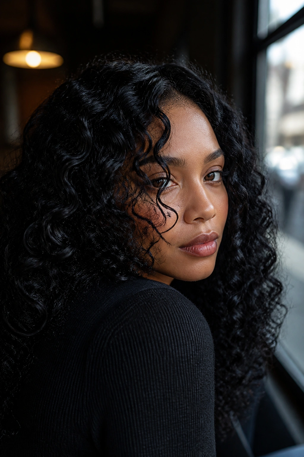 Close-up of a real woman with jet black glossy curls in a moody cafe setting