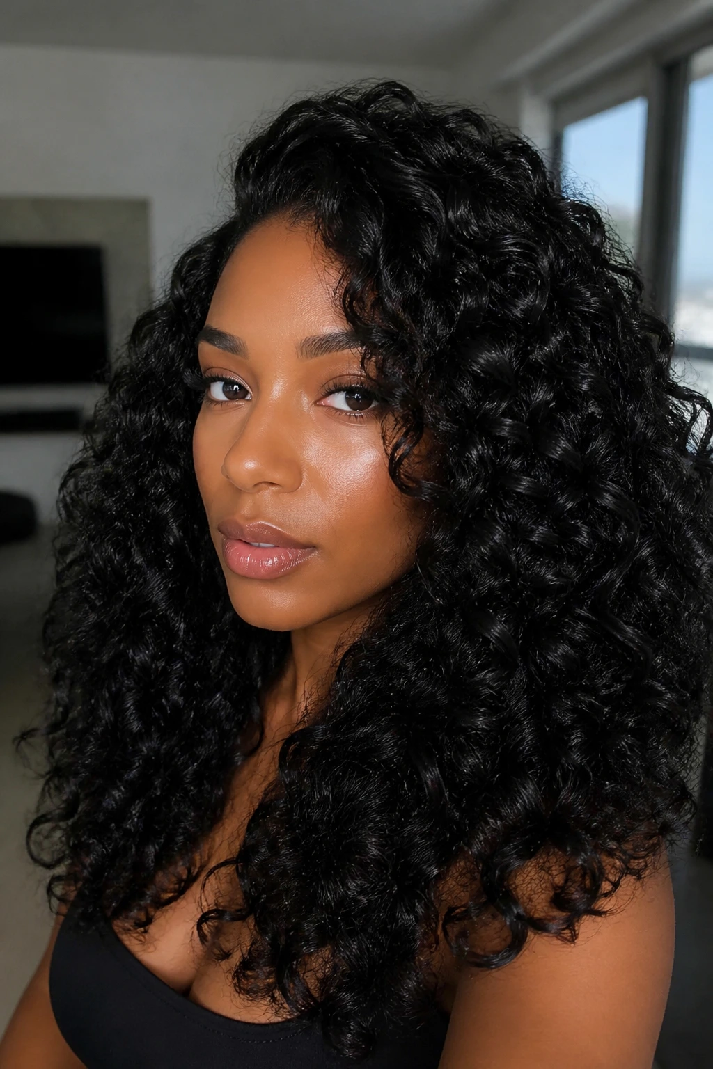 Close-up of a real woman with jet-black high-gloss curls