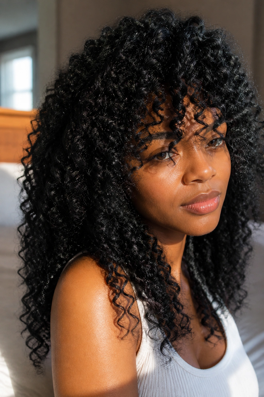 Close-up of real person with jet-black curls and glossy shine
