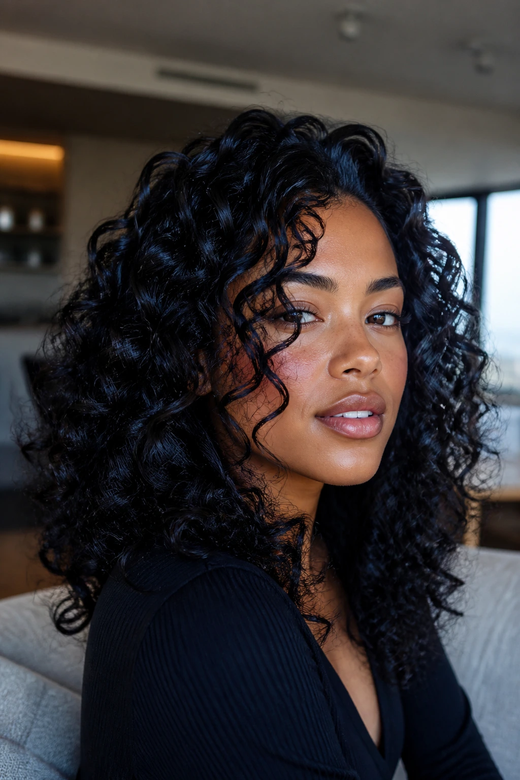 Close-up of a real woman with glossy blue-black curls and shine