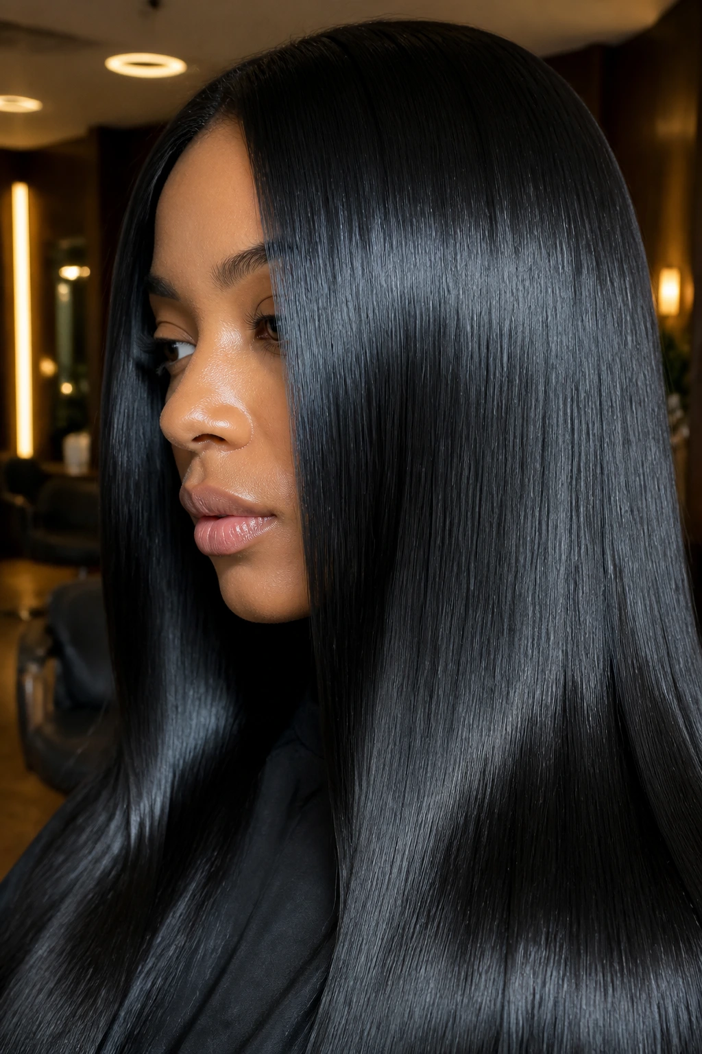 Close-up of a real woman with jet black glossy hair