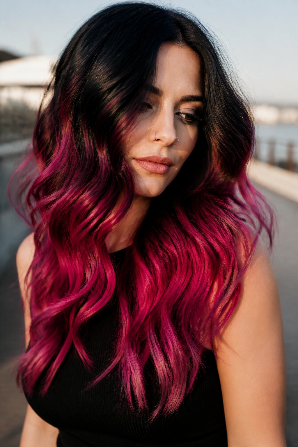 Real woman with jet black to fuchsia waves in natural light.