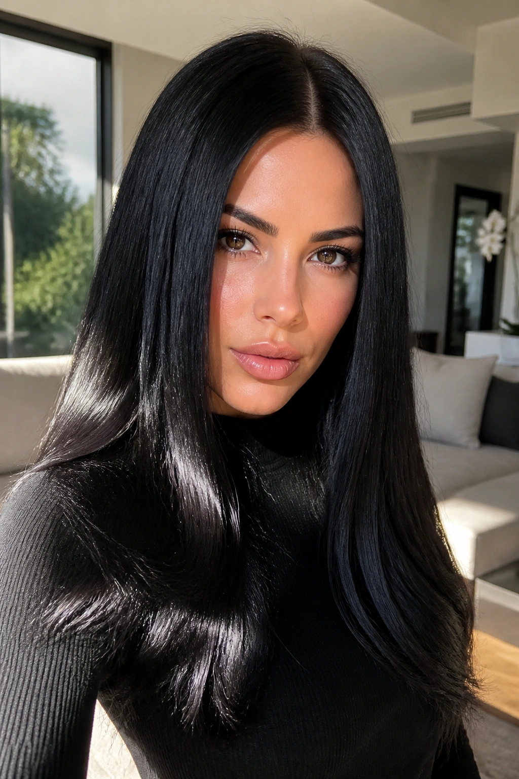 Close-up portrait of a real person with jet black hair and mirror-like shine