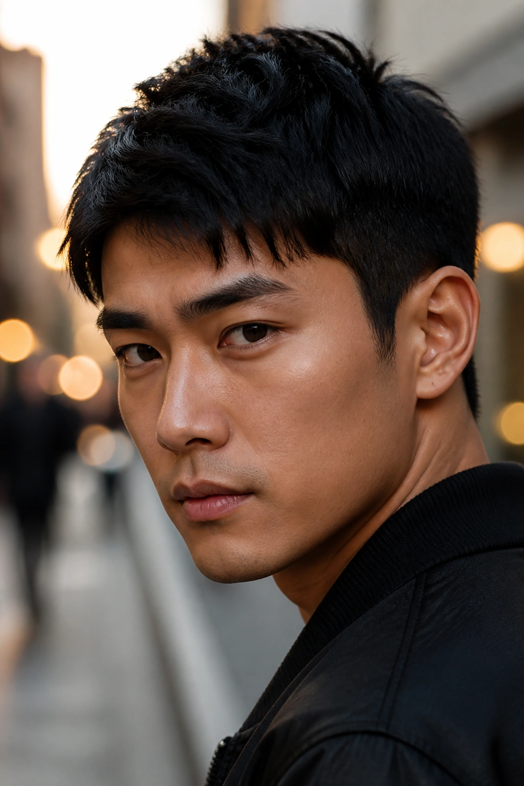 Close-up portrait of a man with jet-black hair in an urban outdoor setting