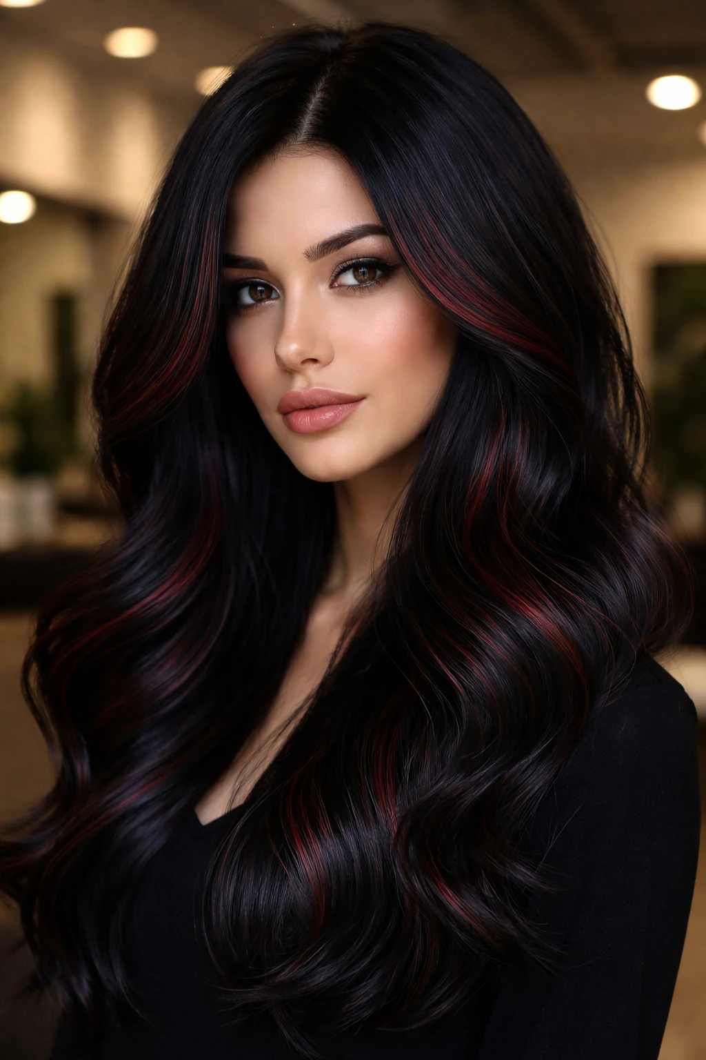 Close-up of a real person with jet-black hair and red babylights for dimension