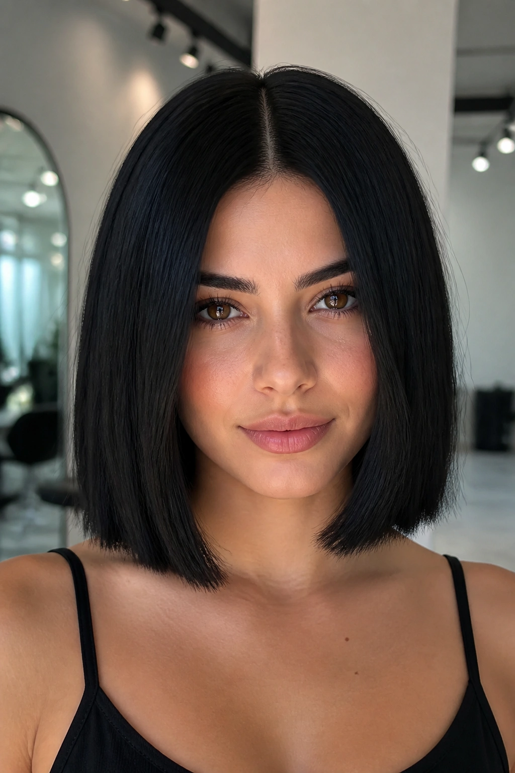 Portrait of a woman with a jet black lob, center-parted, sleek ends.