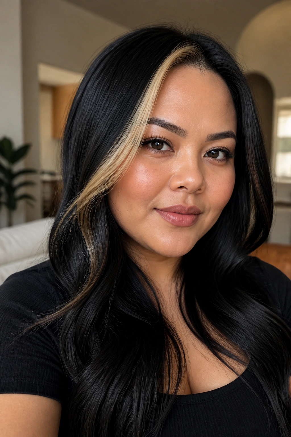 Close-up portrait of a real woman with a jet-black base and a bright money piece for a round face
