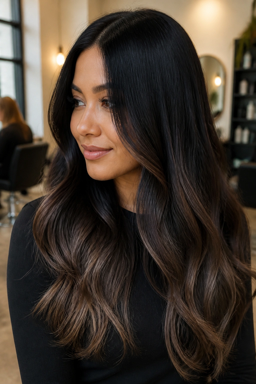 Close-up portrait of a real woman with jet-black roots fading into smoky brown ends.