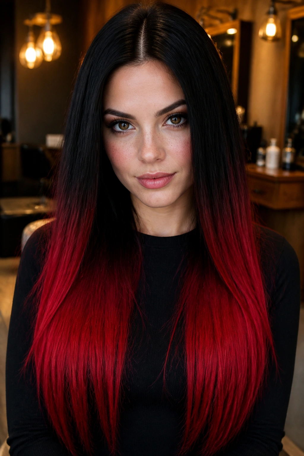 Close-up of a real person with jet black roots and scarlet flame ends in hair
