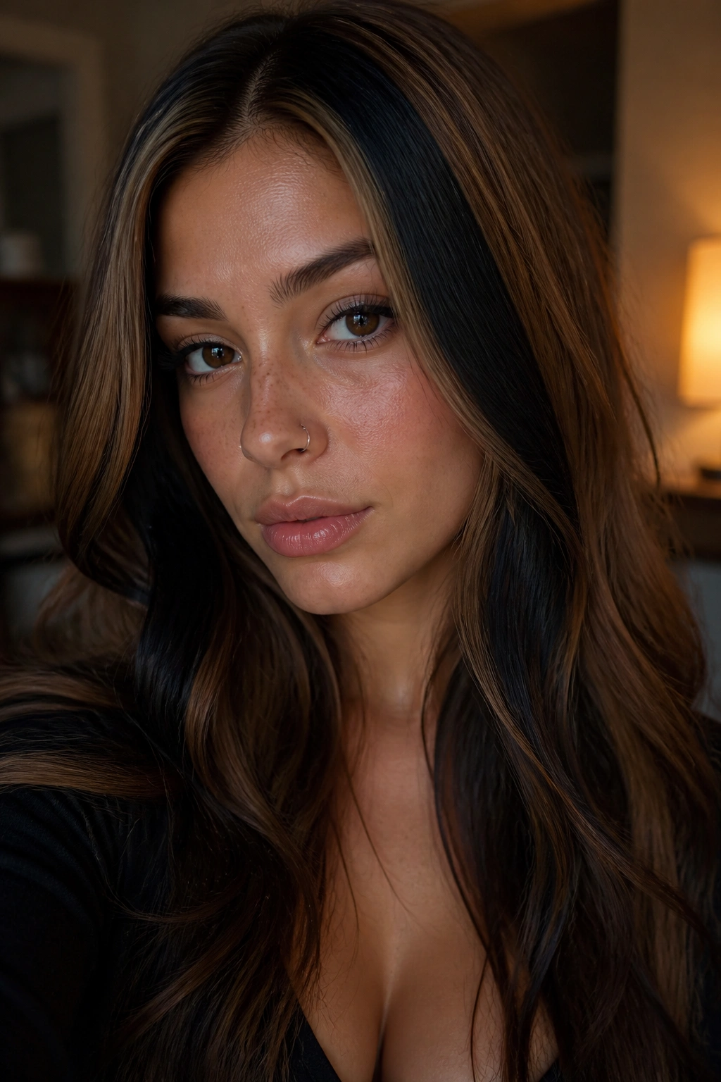 Close-up of a real woman with a jet black stripe on brown hair