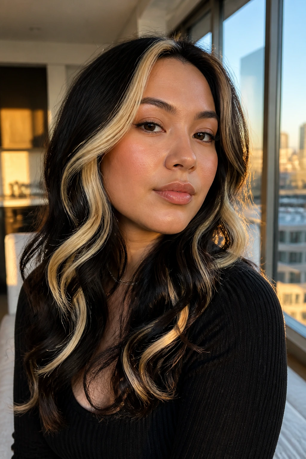 Portrait of a woman with jet-black waves and chunky 90s blonde highlights by a window