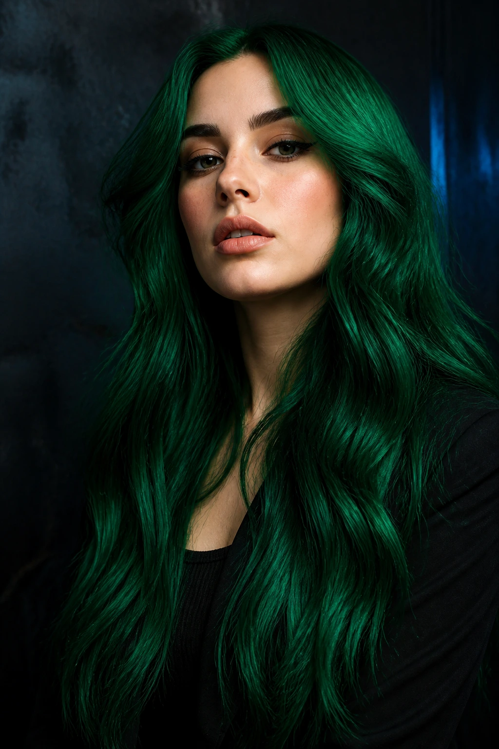 Close-up portrait of a real person with full-head jewel emerald hair from root to tip.