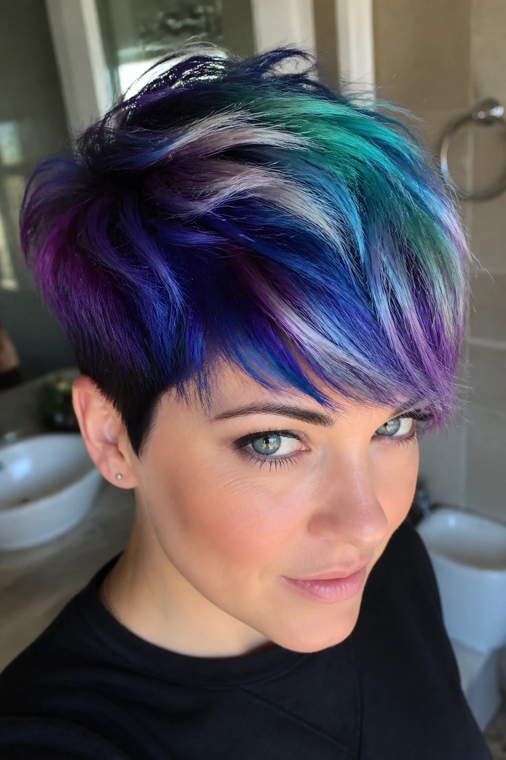 Jewel-tone rainbow pixie hairstyle on real person