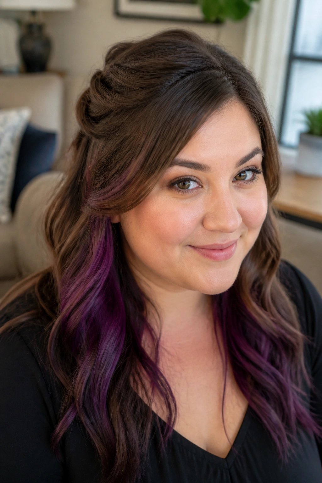 Close-up of a real woman with half-up twist and jewel-tone underlayers