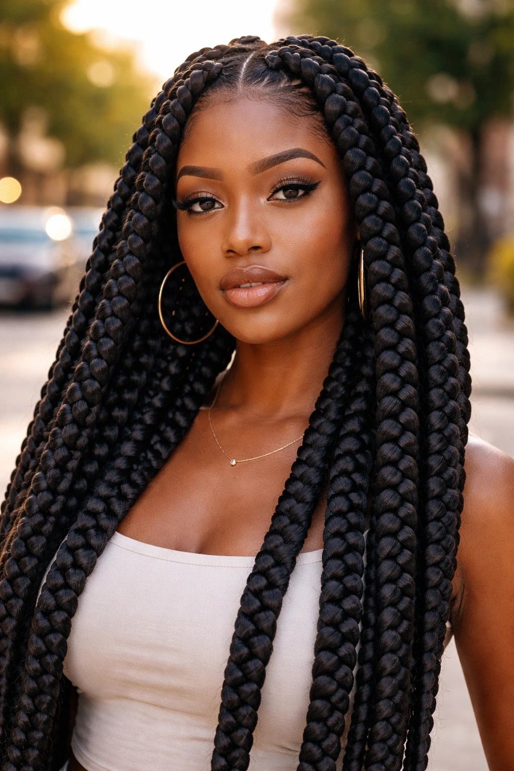 Portrait of a real woman with jumbo box braids outdoors in golden hour light