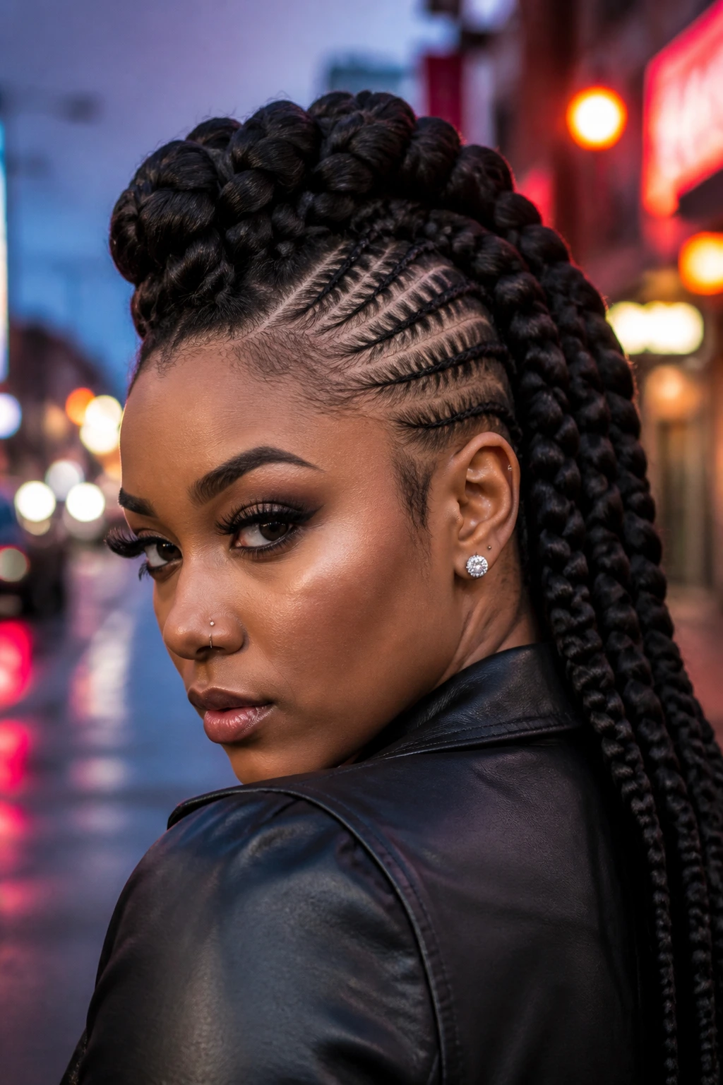 Real woman wearing a jumbo braided mohawk