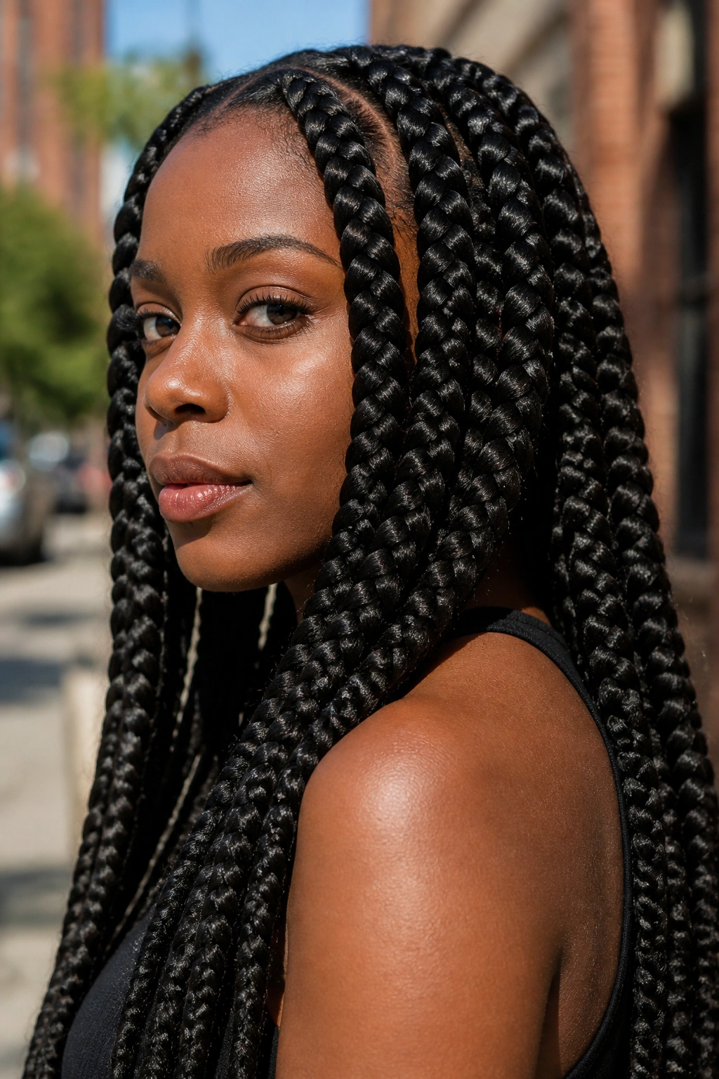 Close-up of a real woman with jumbo thick braids, bold and prominent