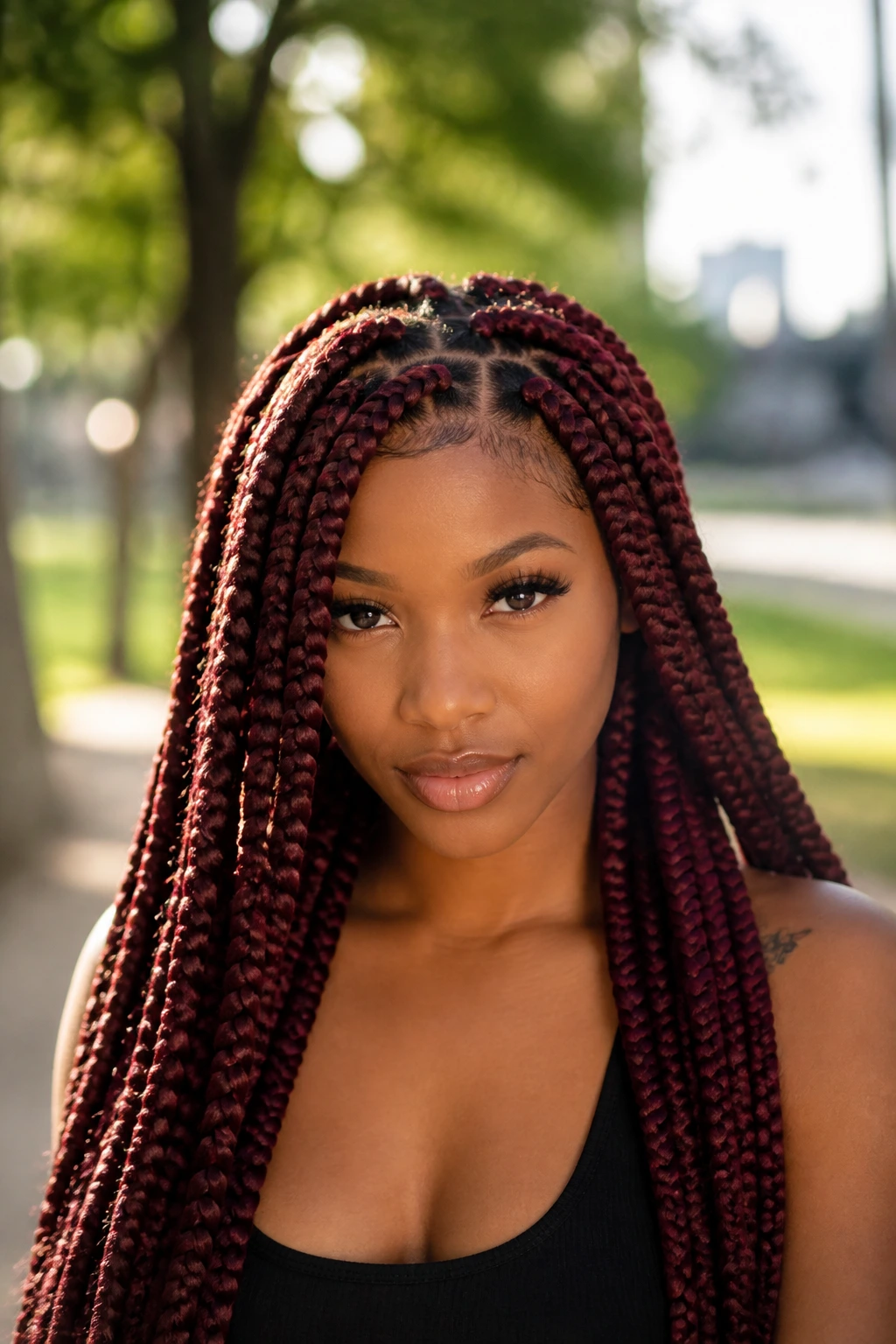 Close-up portrait of a real woman with jumbo burgundy box braids in a sunlit park