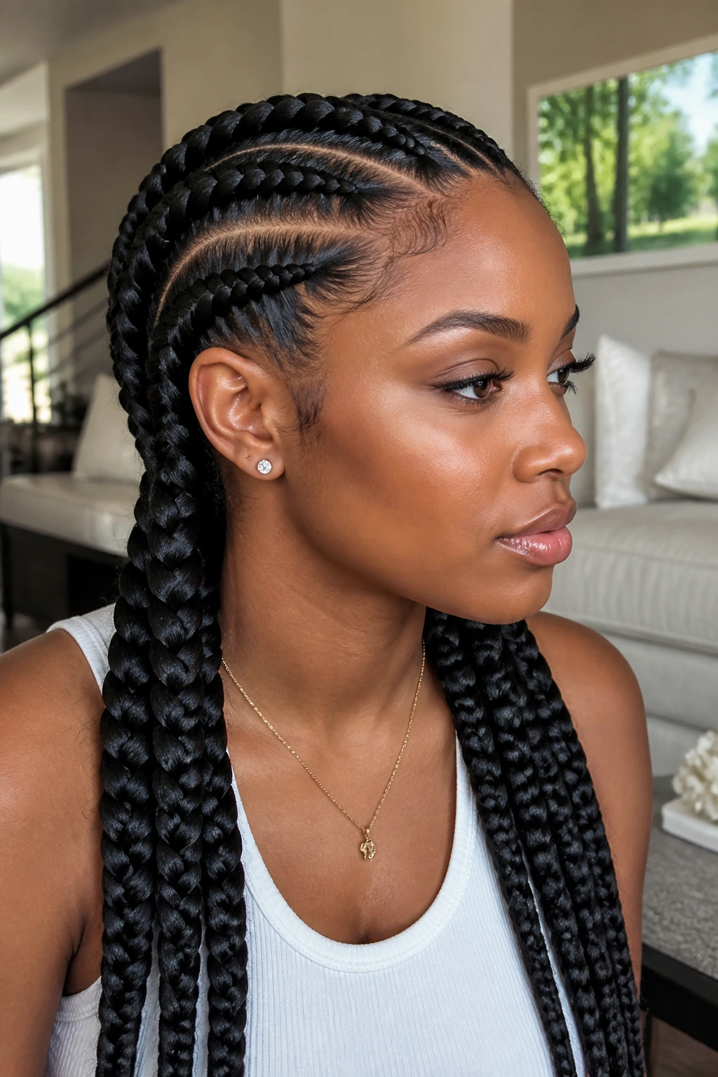 Close-up of a real Black woman with jumbo cornrow braids occupying the frame.