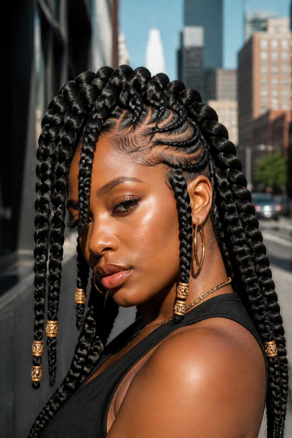 Close-up of a real Black woman with jumbo knotless braid mohawk in daylight.