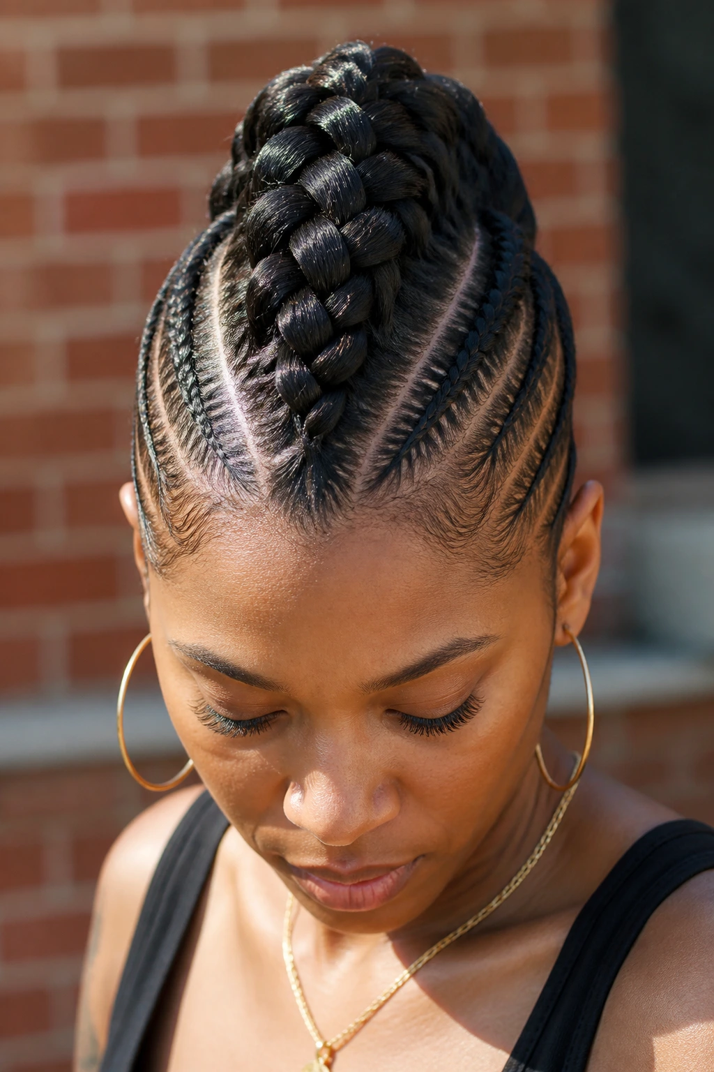 Close-up of a person with a large jumbo mohawk braid outdoors